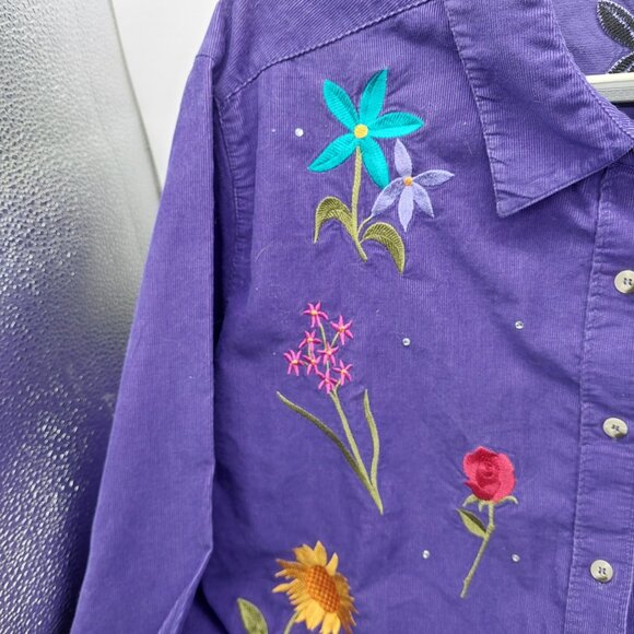 Quacker Factory Womens Corduroy Shirt Size 1X Purple Embroidered Floral - Picture 8 of 9